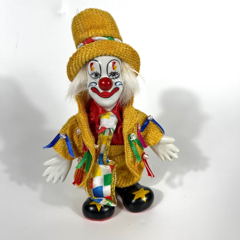 Vtg Psychedelic Clown Doll‎ 7" Porcelain Colorful Beaded Posable Whimsy NWOT